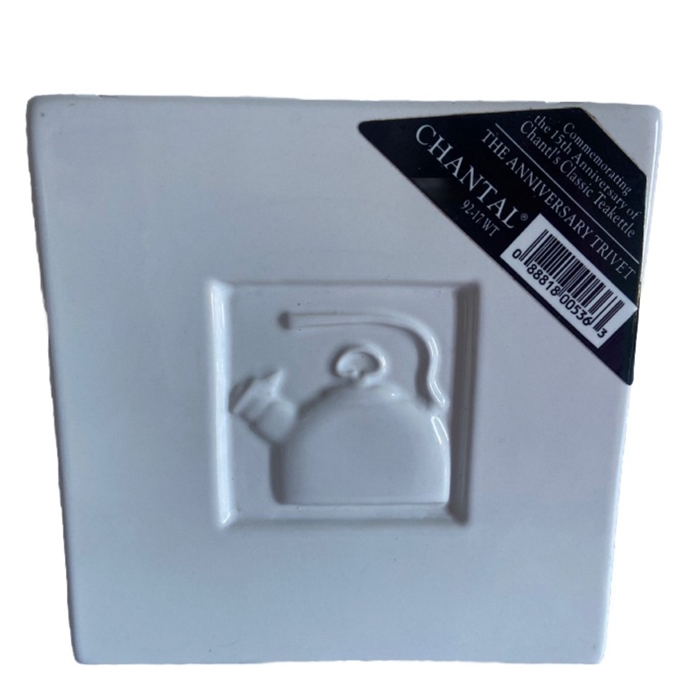 Vintage Chantal TRIVET white ceramic tea TILE teakettle figure cork back 90s